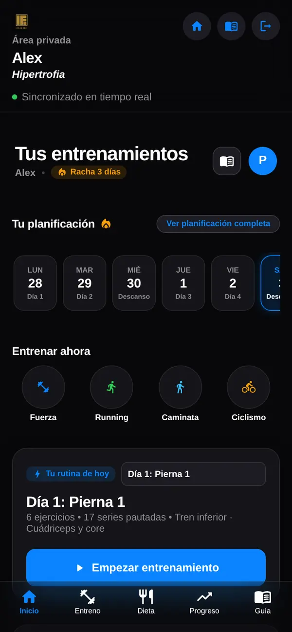 Pantalla de inicio de la app de clientes de LuxFigure con la planificación semanal
