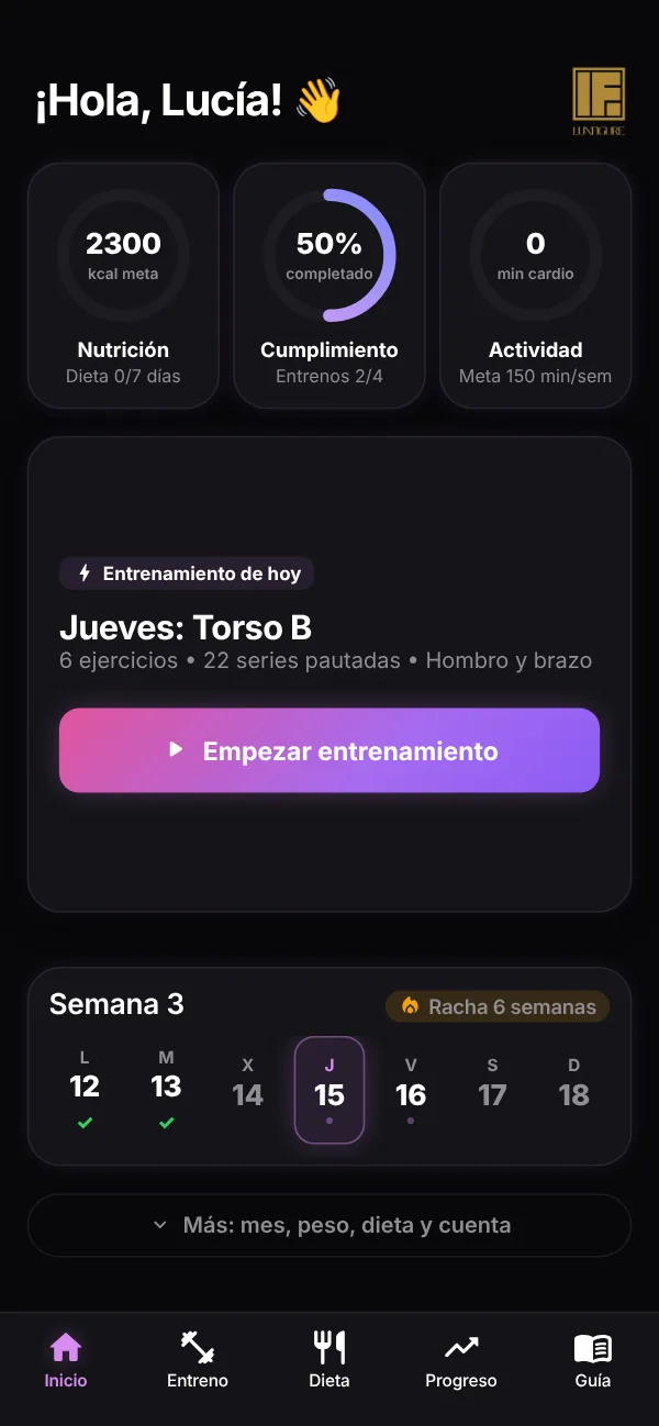 App de clientes de LuxFigure: planificación semanal y entrenamiento