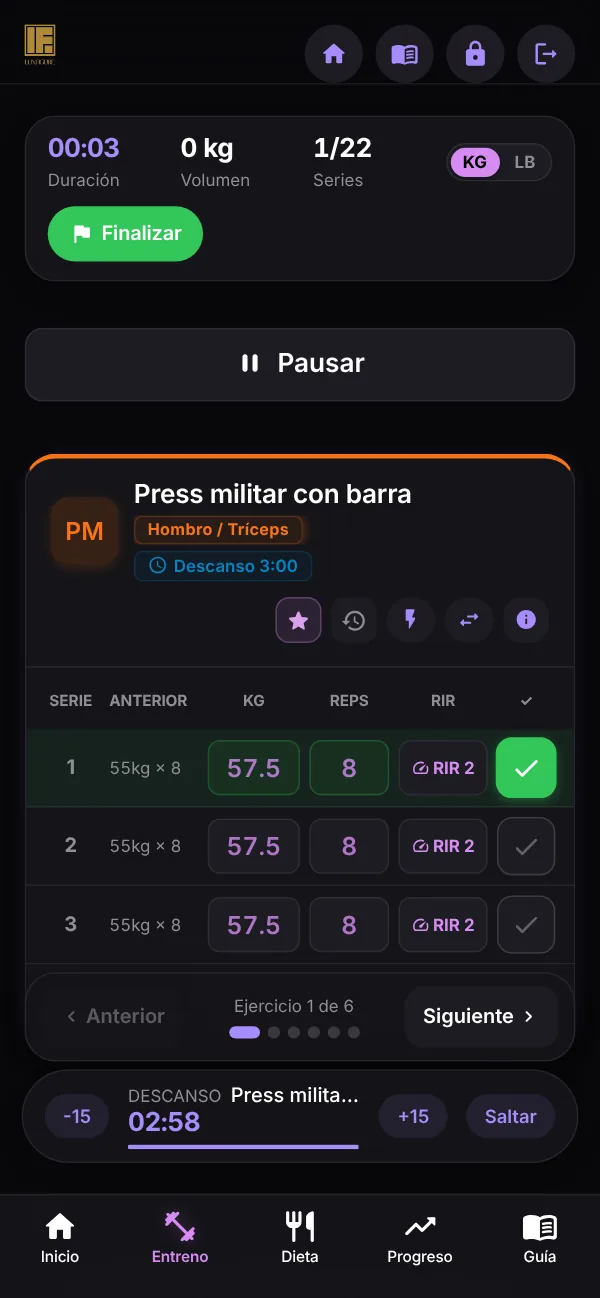App de LuxFigure para clientes: registro de series con kilos, repeticiones y RIR