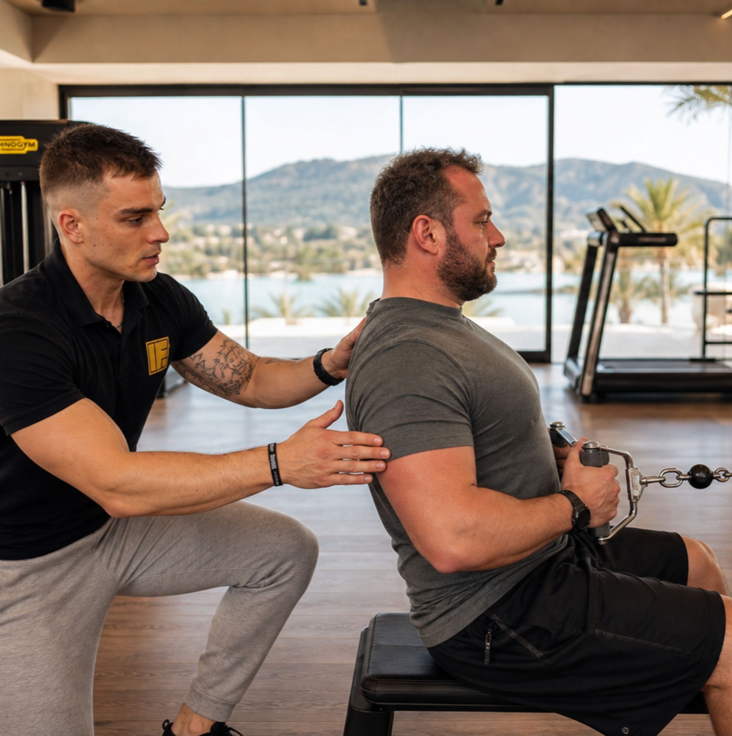 Edu Campistol corrigiendo técnica de remo Gironda a un cliente en una villa de Ibiza